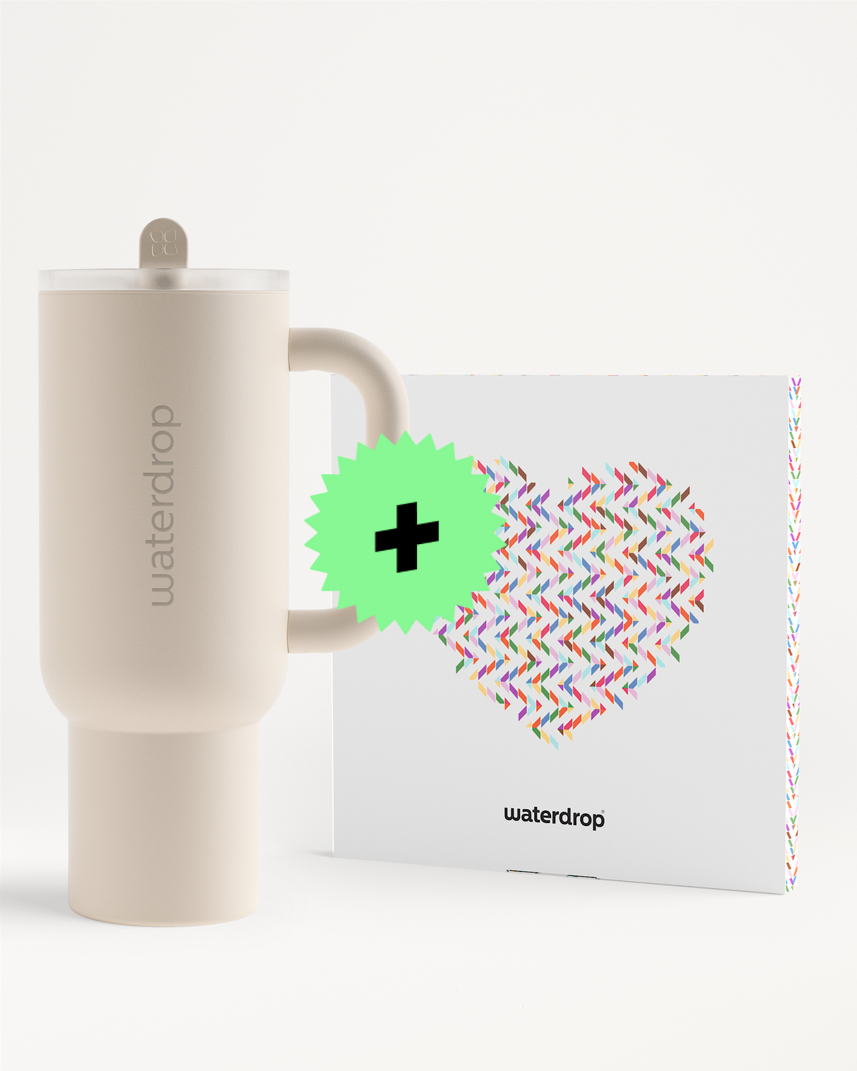 Beige Waterdrop-Flasche mit Griff und integriertem Ständer neben einer weißen Musterbox.
