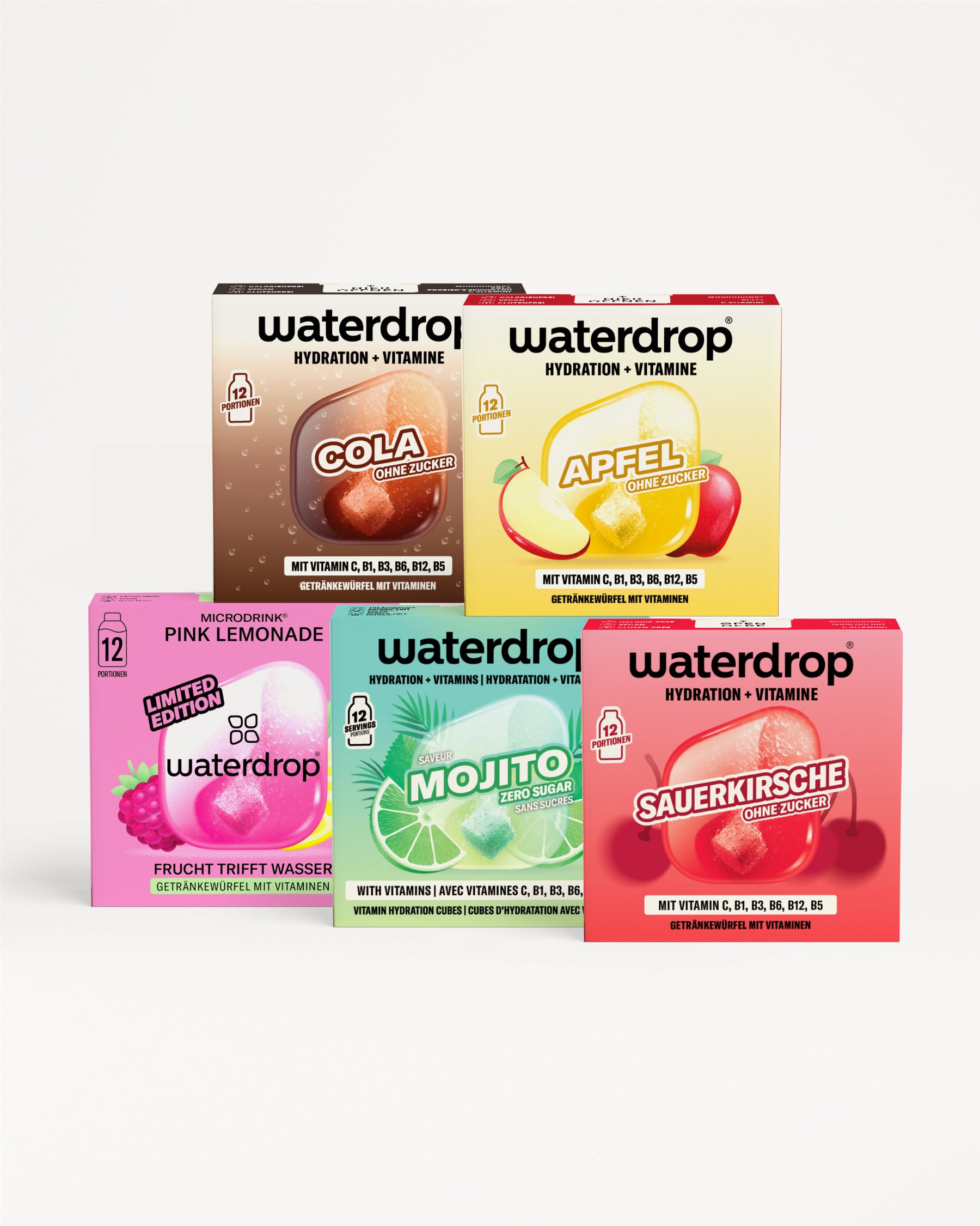 Sortierte Waterdrop-Boxen für Hydration und Vitamine in zwei überlappenden Reihen.