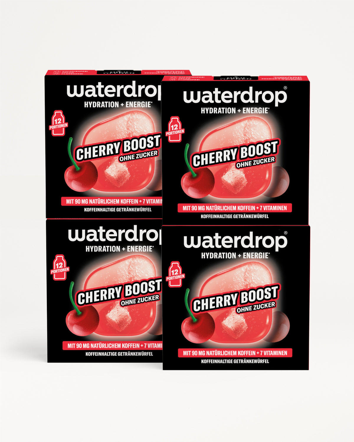 Vier Waterdrop Cherry Boost-Boxen zur Hydration, in einer 2x2-Anordnung.