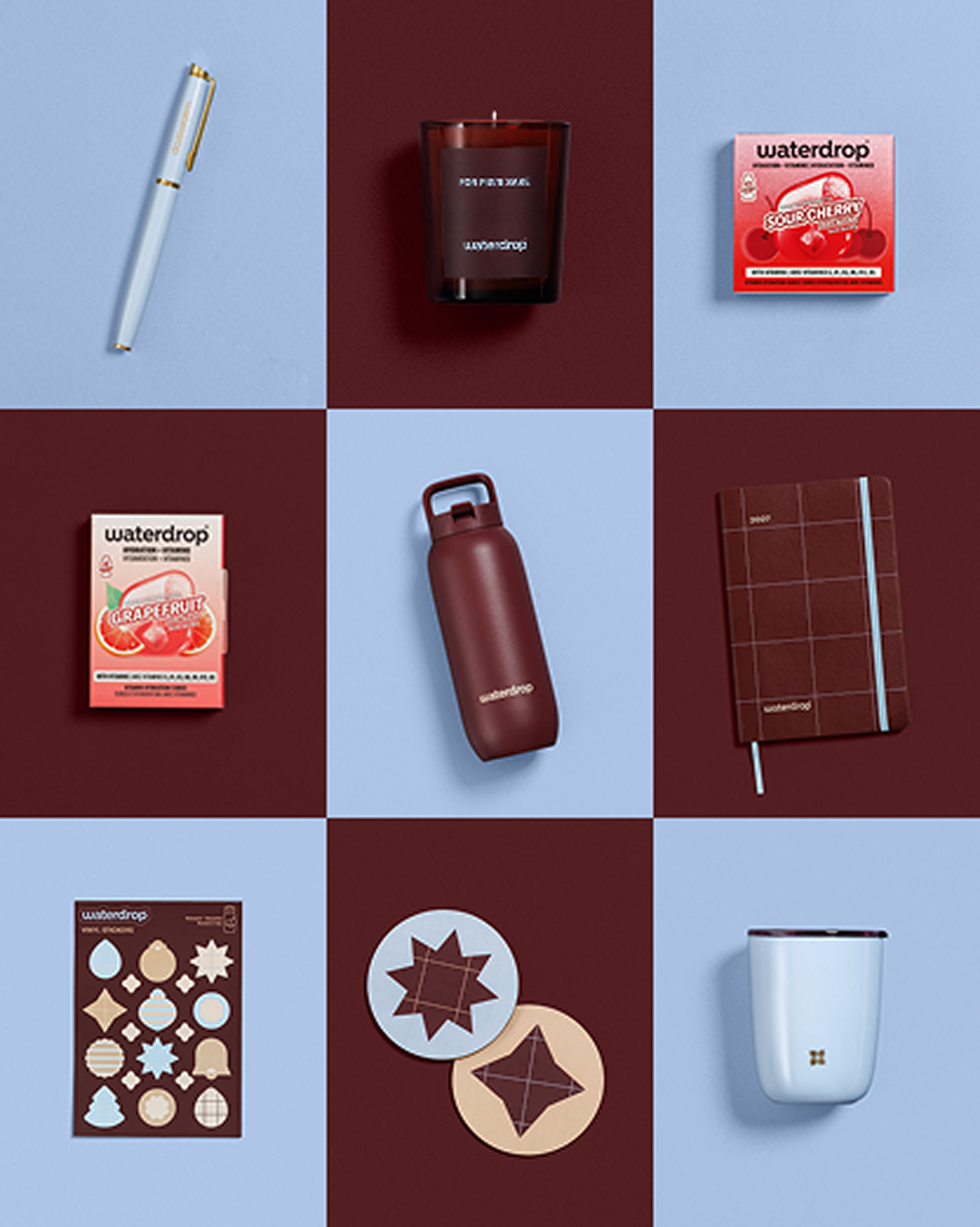 Neun-Elemente-Grids mit Lifestyle-Produkten: Stift, burgunderfarbene Flasche, rote Boxen, kariertes Notizbuch, Ausstechformen für Kekse, Sternformen und eine hellblaue Tasse.