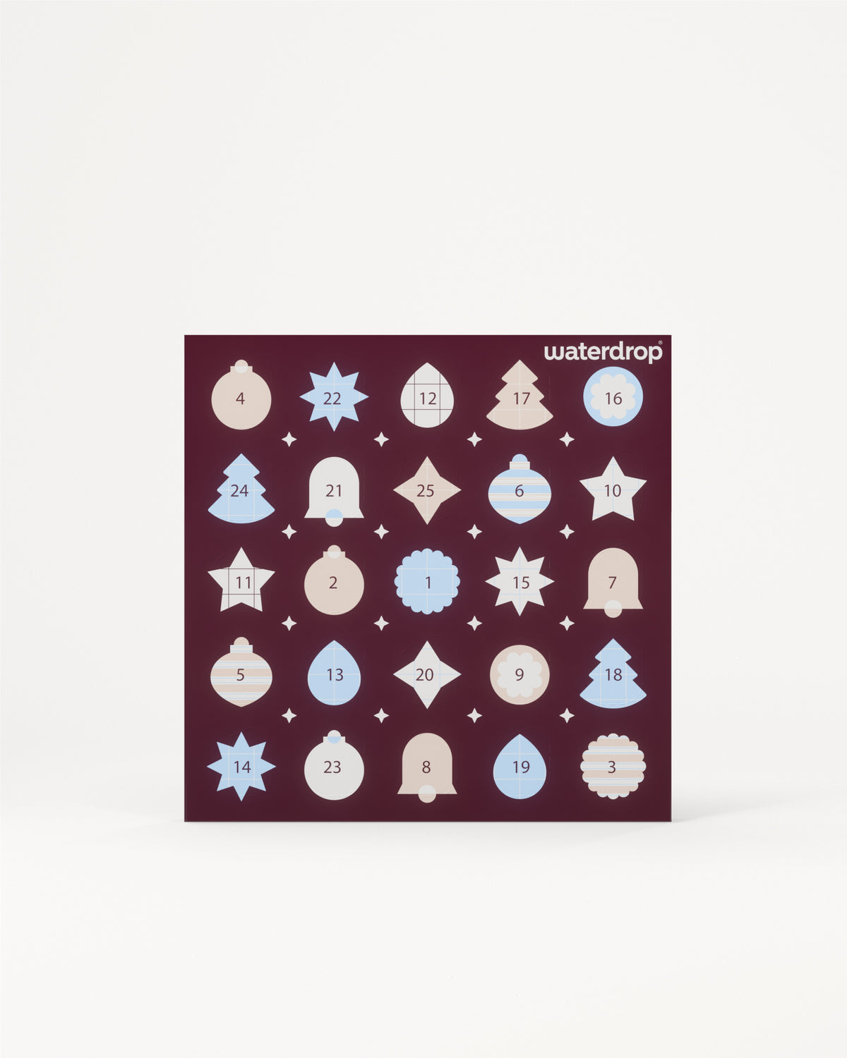 Adventskalender mit 24 nummerierten Türchen in einem dunkelvioletten Quadrat vor hellem Hintergrund.