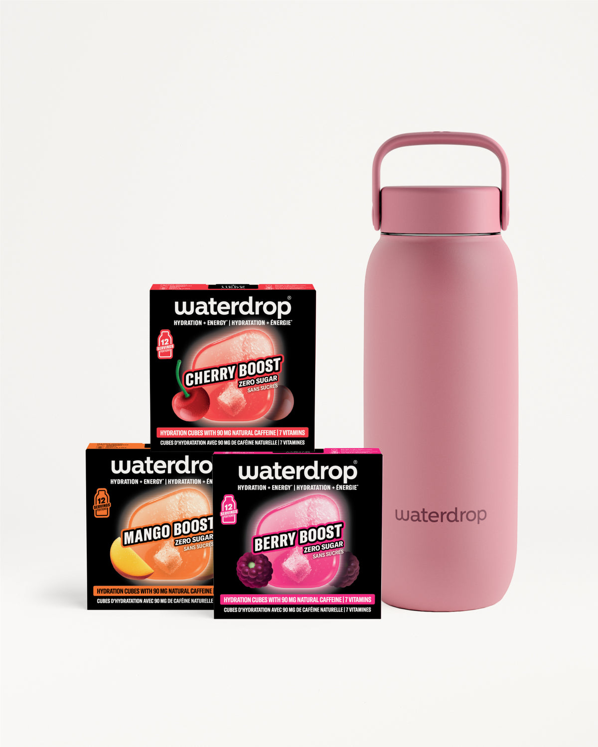 Sortiment Waterdrop-Packungen und eine pinke wiederverwendbare Wasserflasche.