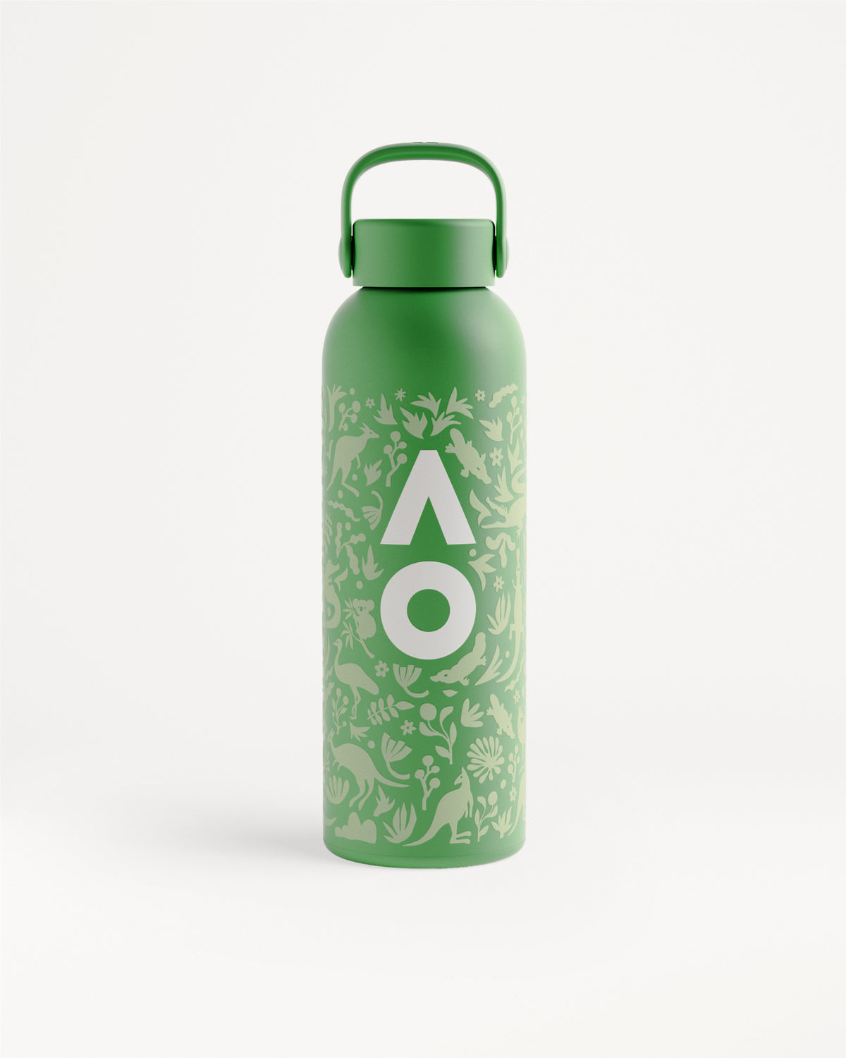 Grüne Metall-Wasserflasche mit Tragegriff und Muster aus Pflanzen.