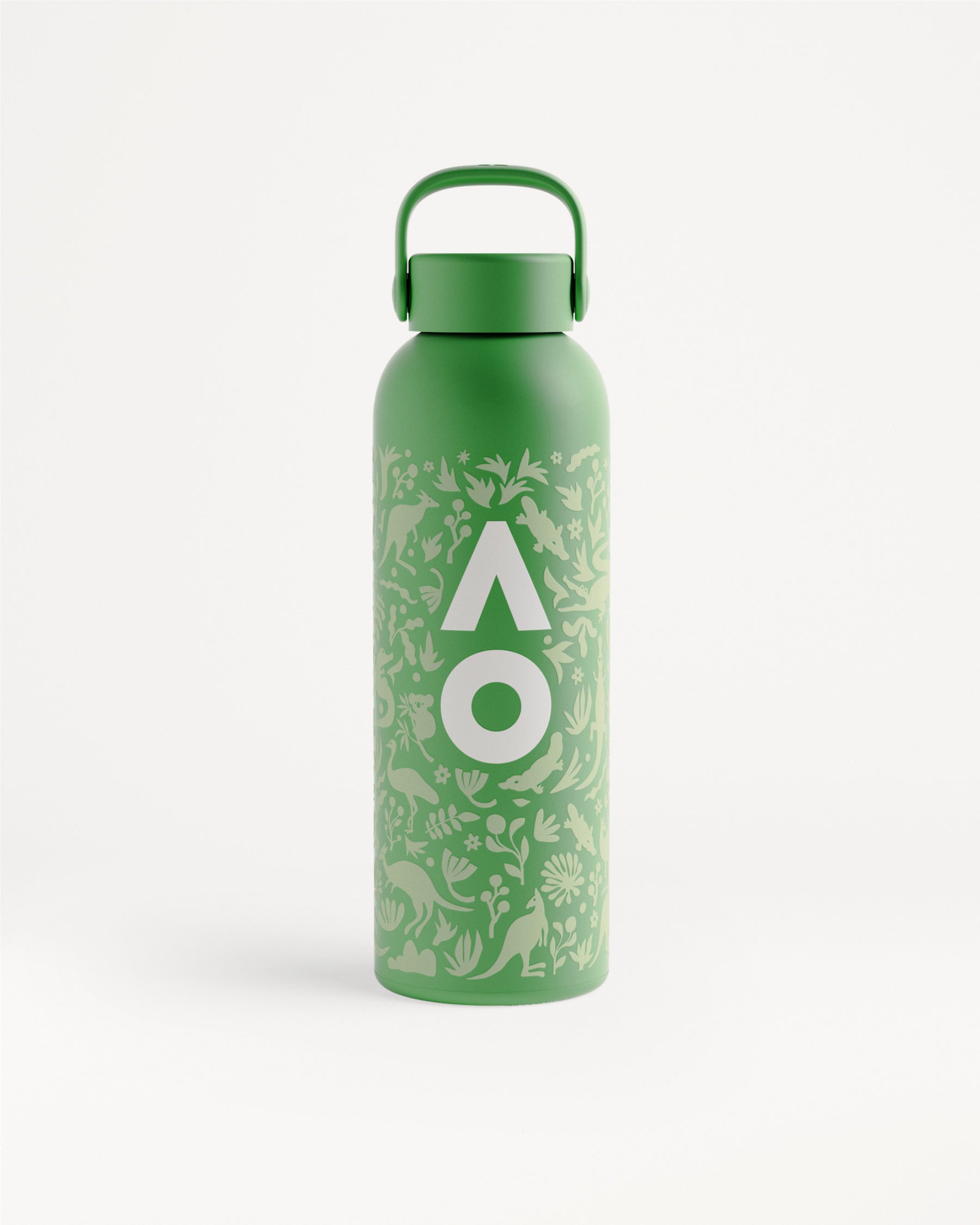 Grüne Metall-Wasserflasche mit Tragegriff und Muster aus Pflanzen.