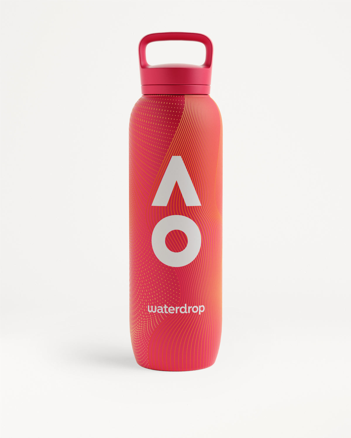 Rosa- bis-roter Kunststoff-Sportflasche mit Schraubdeckel und Tragegriff.