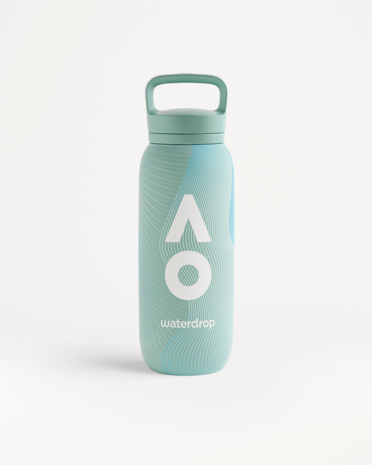 Türkisfarbene wiederverwendbare Wasserflasche mit Griff und Schraubverschluss.