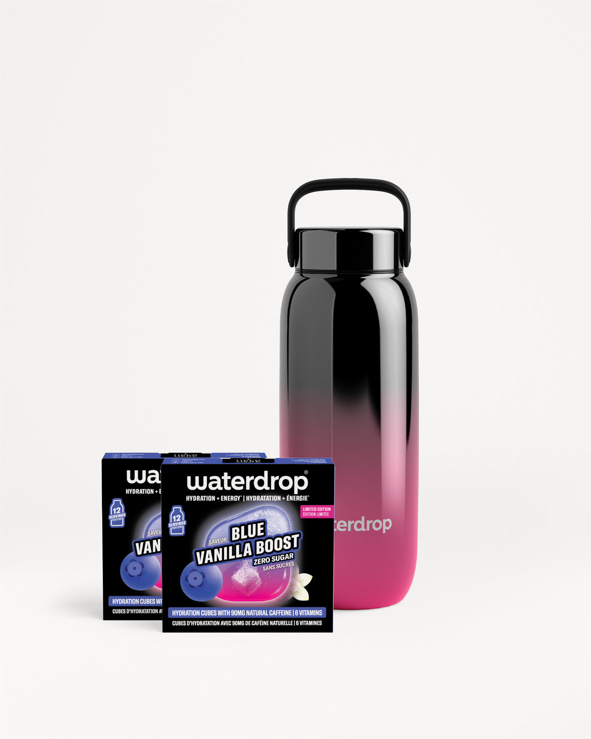 Gradient-Schwarz-zu-Pink wiederverwendbare Wasserflasche mit Henkel neben einer Box Waterdrop-Produkten.