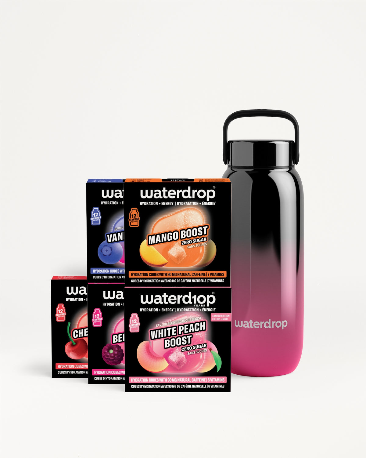 Verschiedene Geschmackspulverschlacksuppen mit einer wiederverwendbaren Flasche im Schwarz-Pink-Verlauf.