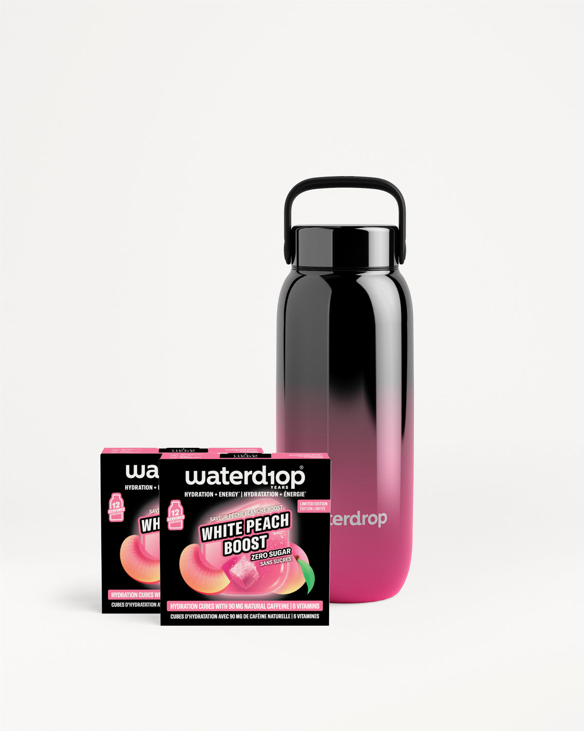 Wiederverwendbare Wasserflasche mit Gradient von Schwarz zu Pink neben zwei Waterdrop-Verpackungen.