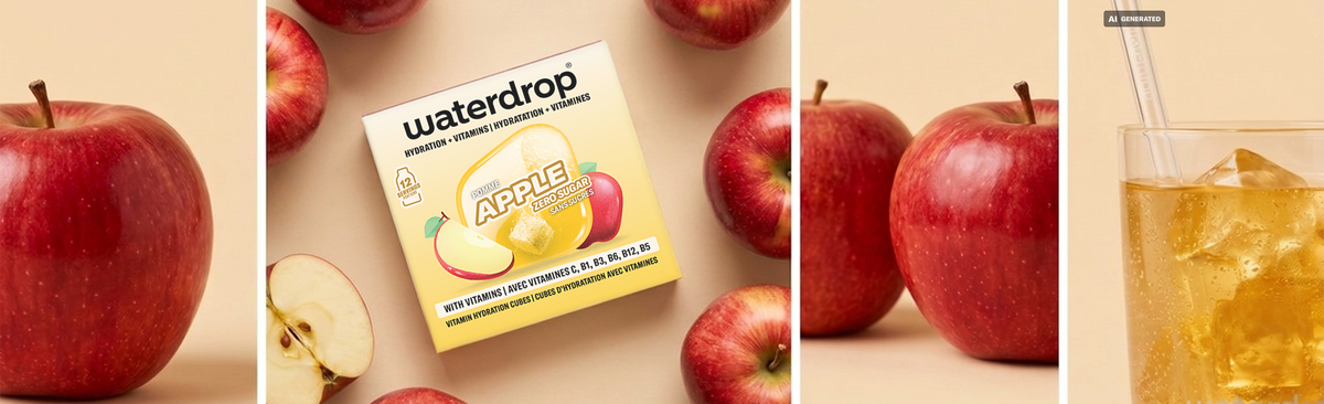 Collage mit roten Äpfeln an den Rändern, einem geschnittenen Apfel in der Mitte, einer kleinen Produktverpackung und einem Glas eisgekühlten Getränks.