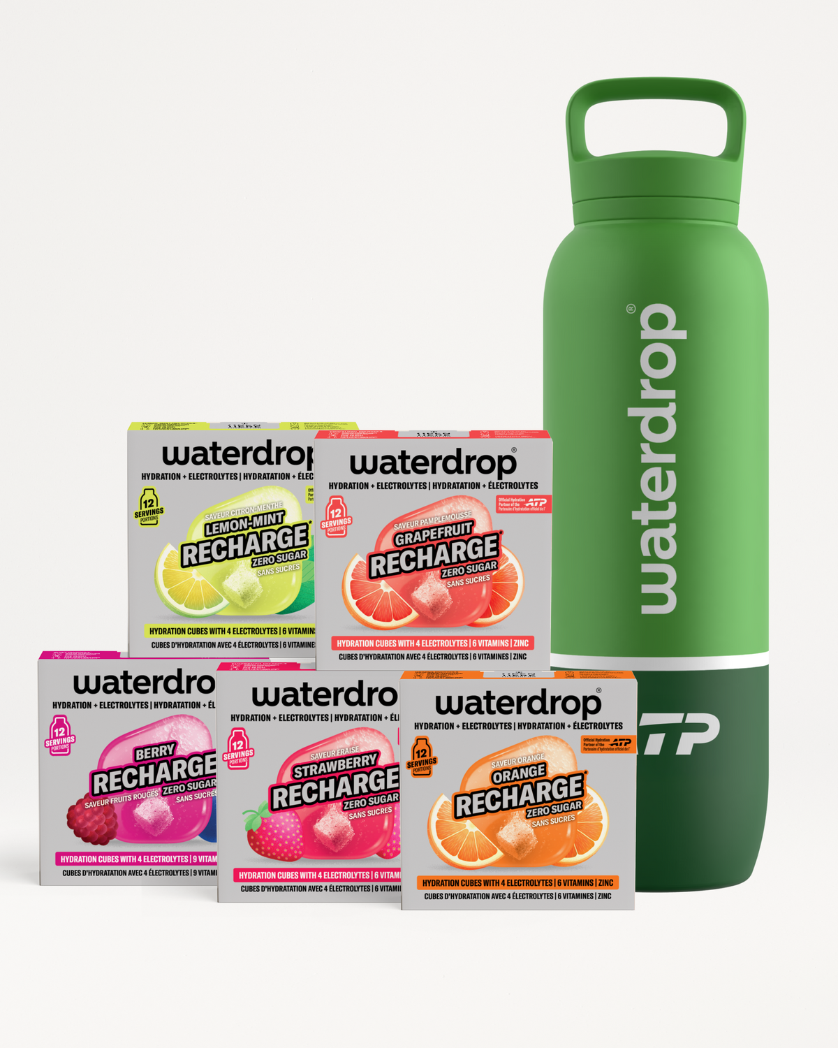 Verschiedene Waterdrop Recharge-Geschmacksboxen und eine grüne wiederverwendbare Flasche.