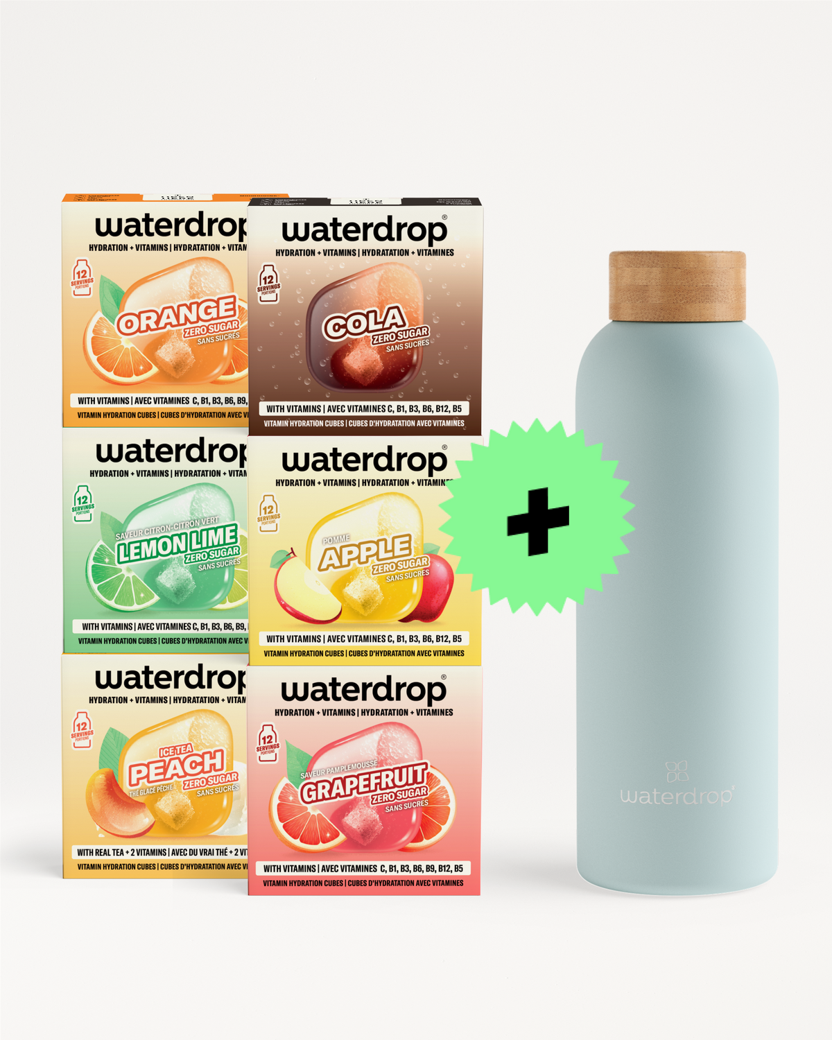 Bunte Waterdrop-Geschmacksboxen neben einer hellblauen Flasche mit Holzdeckel und grünem Plus-Symbol.