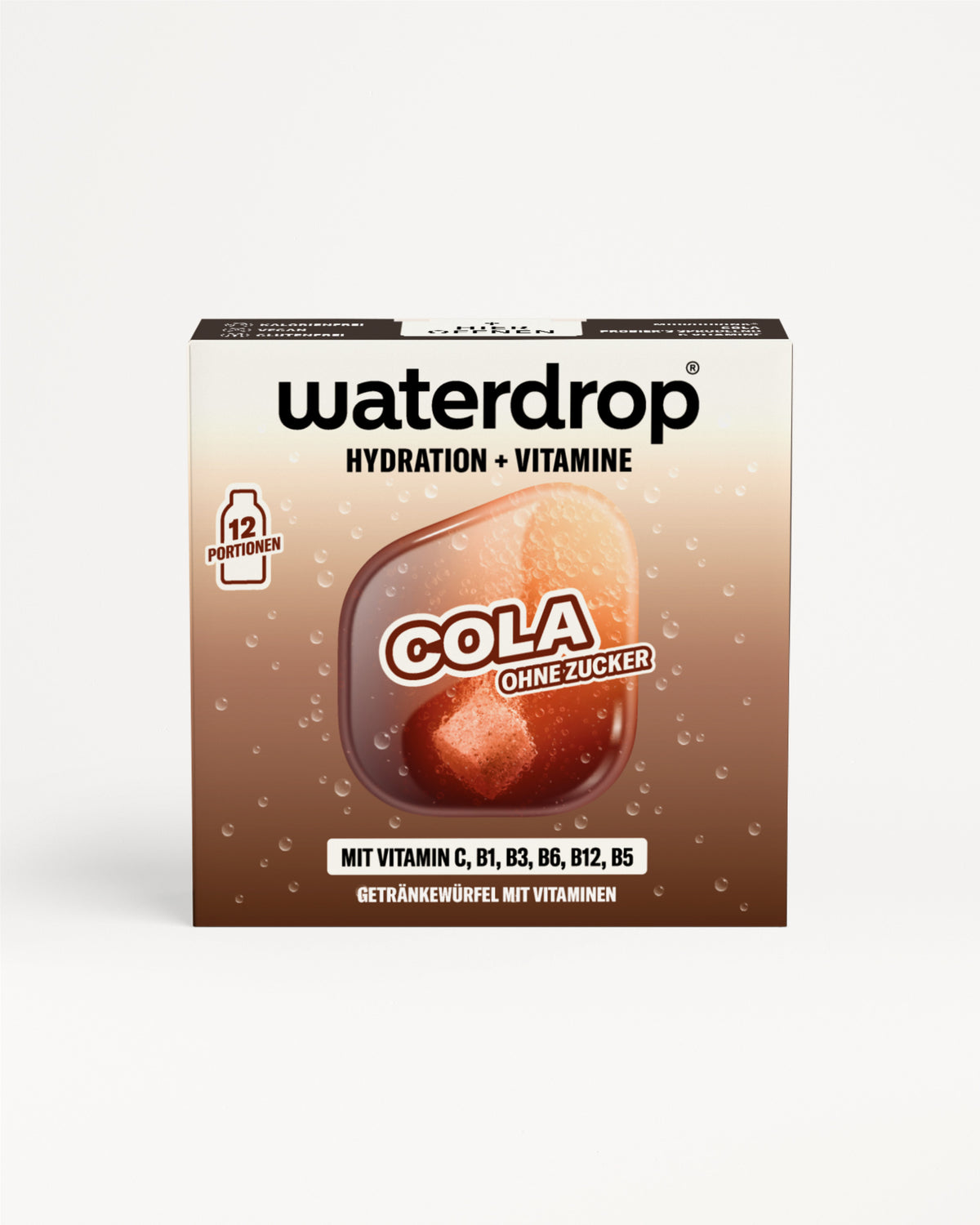 Box mit Cola-Geschmack Hydration-Tabletten und Vitaminen, brauner Farbverlauf und Blasen.
