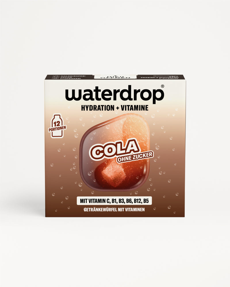 Box mit Cola-Geschmack Hydration-Tabletten und Vitaminen, brauner Farbverlauf und Blasen.