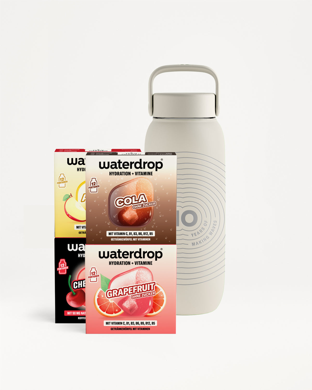 Hellgraue wiederverwendbare Wasserflasche mit breiter Verschlusskappe neben drei kleinen Hydration-Geschmacksproben.