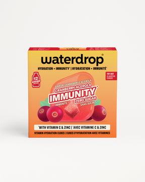 Yellow-orange Waterdrop-Verpackung mit Cranberry-Motiv und roter Deckel