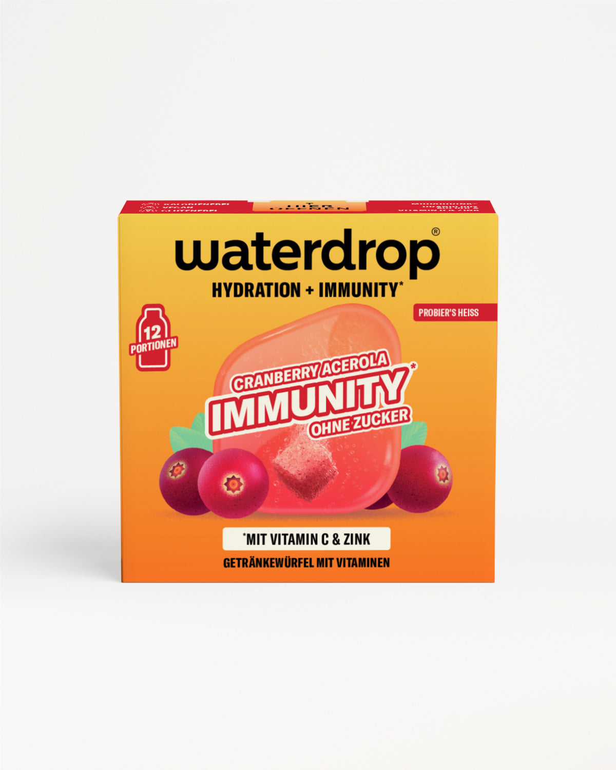 Waterdrop Immunity Cranberry-Acerola Box mit orange- und gelber Verpackung und zwei Beeren.