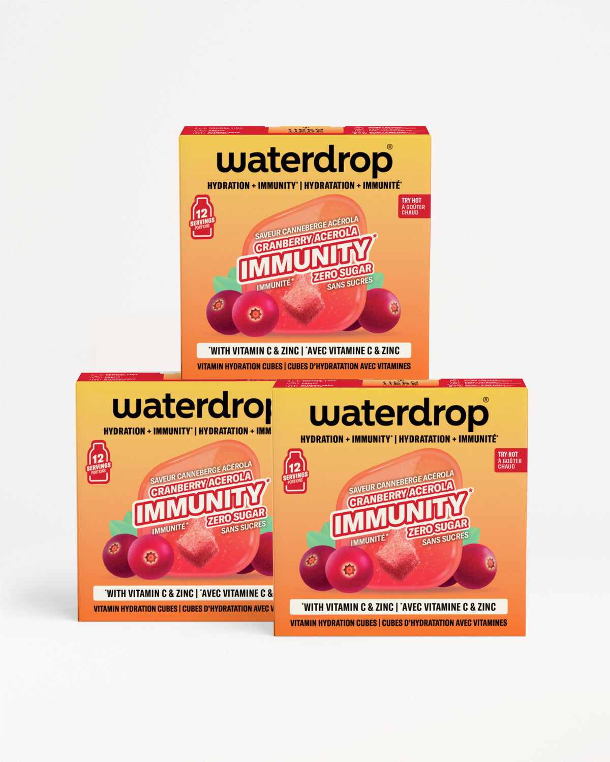 Drei orange-gelbe Waterdrop-Immunitätsergänzungsboxen gestapelt.