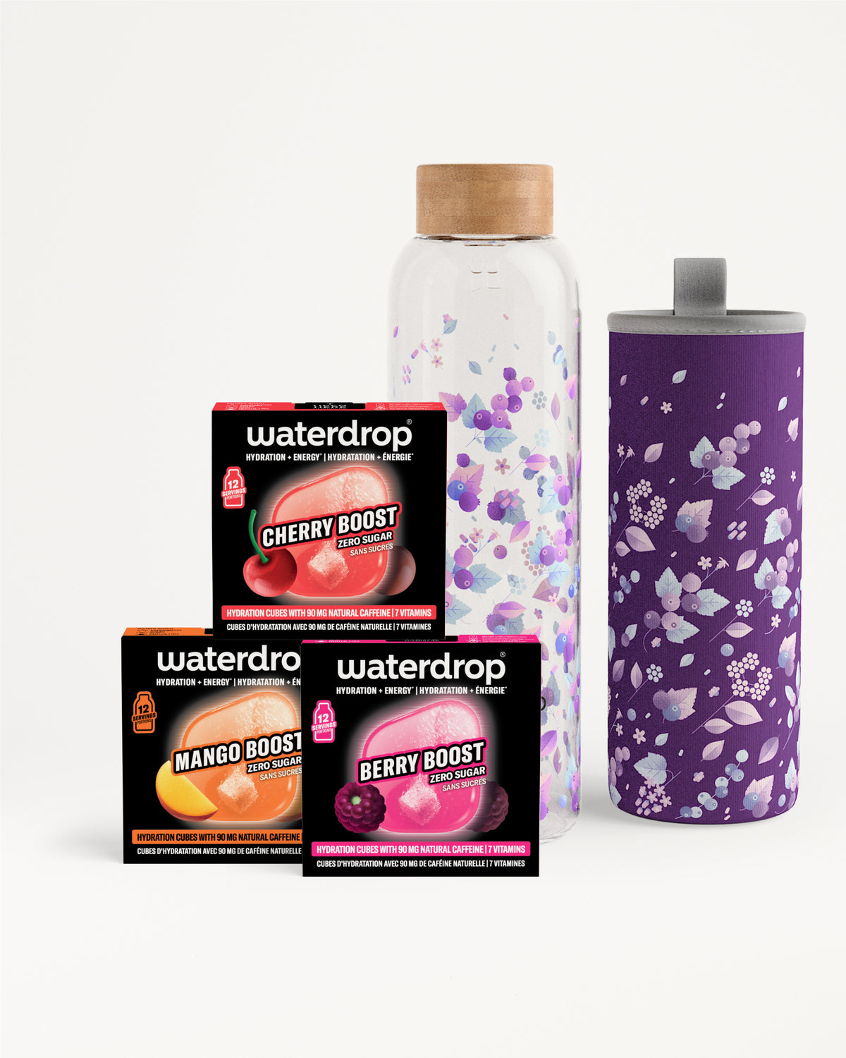 Bunte Waterdrop Geschmacks-Boost-Packs und eine lila Flasche mit Blumenmuster.