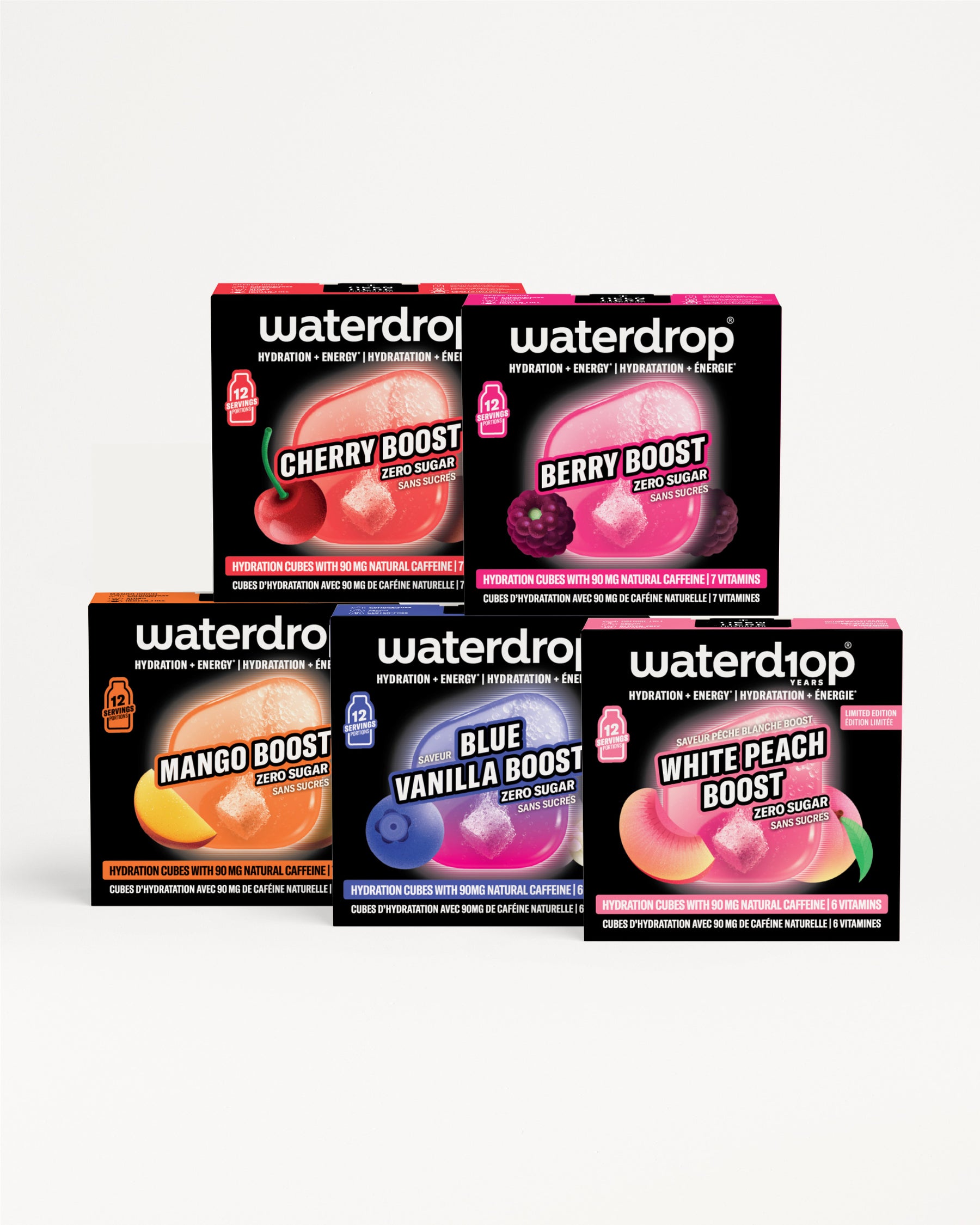 Zusammenstellung von Waterdrop Flavor-Boost-Dosen in zwei Reihen.