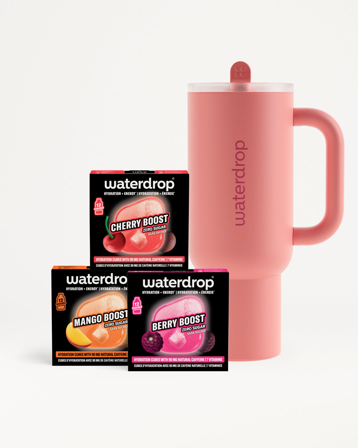 Rosa Flasche mit Griff neben drei schwarzen Waterdrop-Boxen mit Geschmack.