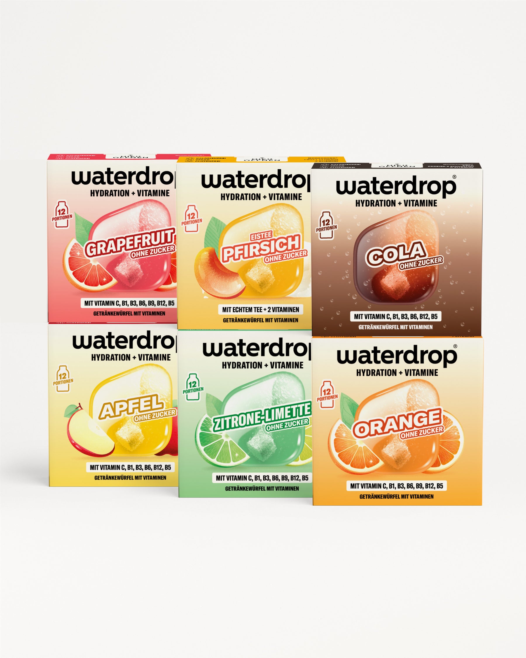 Sechs Waterdrop-Einheiten für Hydration und Vitamine, angeordnet in zwei Reihen zu je drei.
