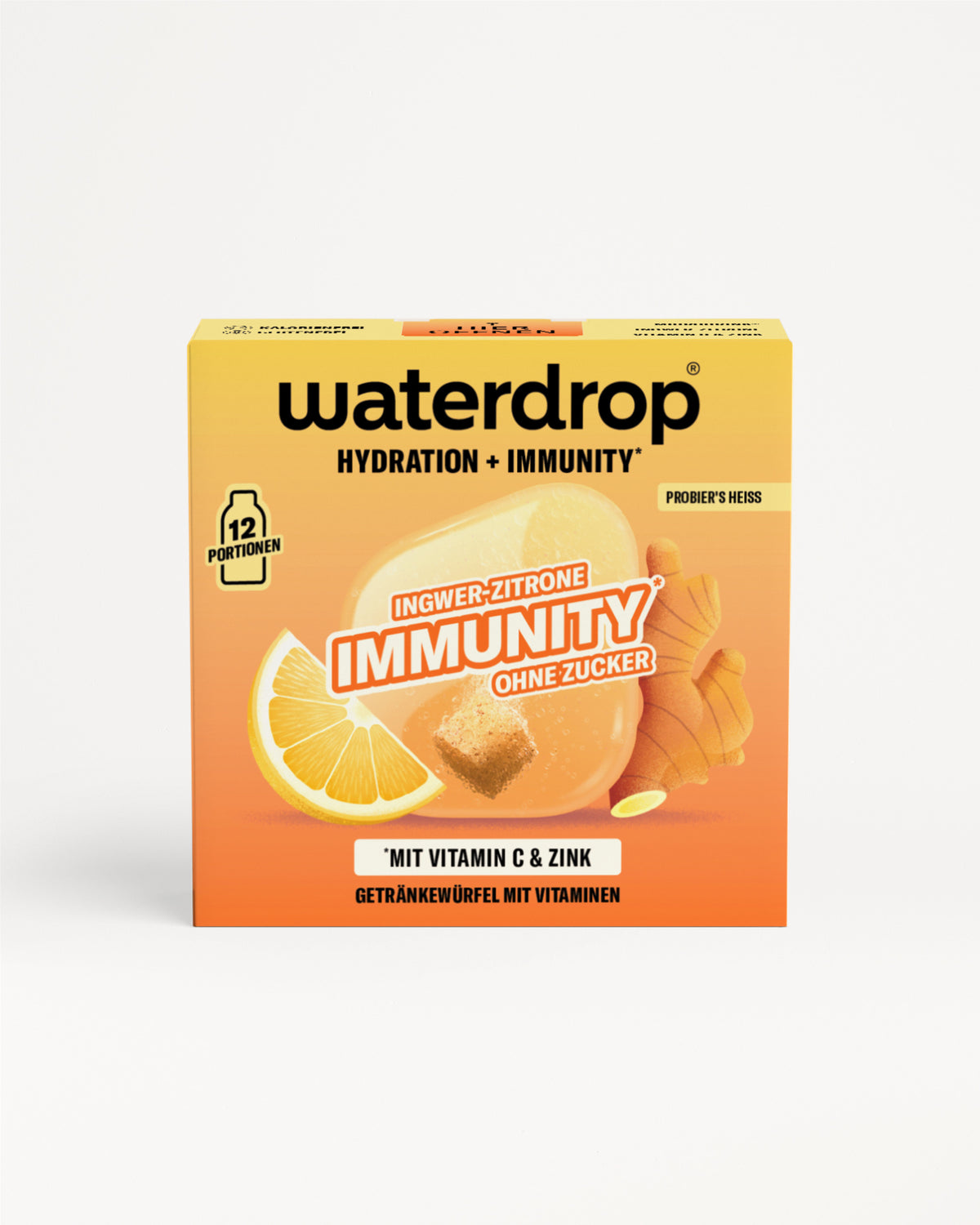 Orange-gelbe Box mit Zitronen-Scheiben-Grafik und 12 Portionen.