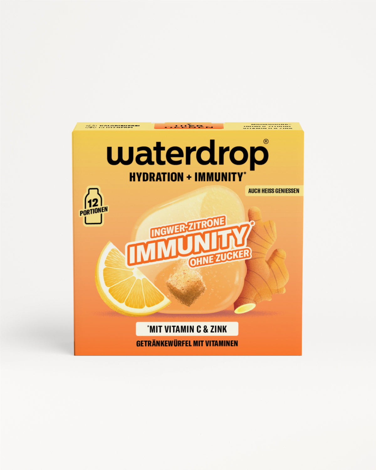 Gelb-orangefarbene Waterdrop Immunity Verpackung mit Zitronenscheibe Grafik.
