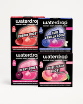 Vier Waterdrop-Verpackungen zur Hydration in einer 2x2-Anordnung.