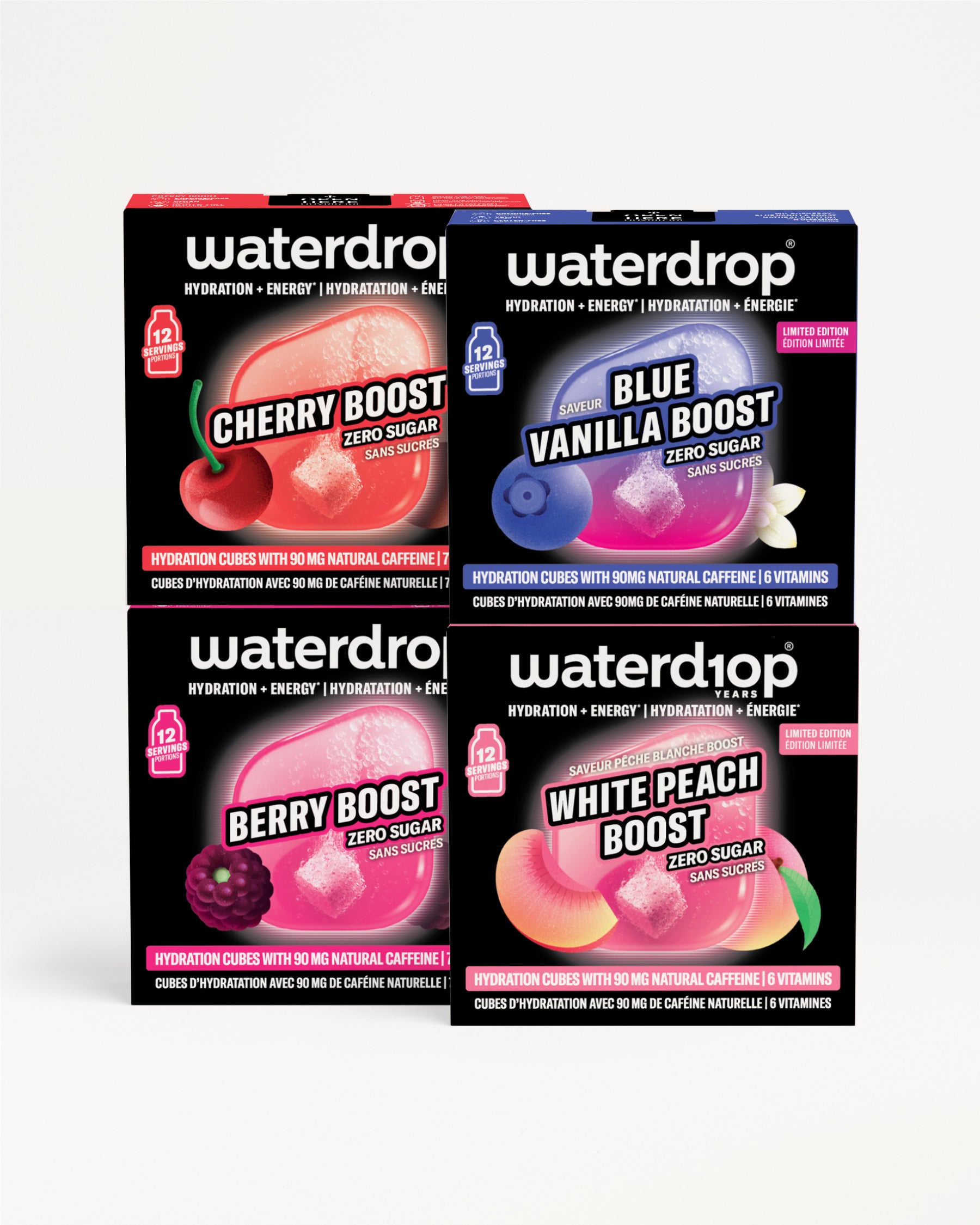 Vier Waterdrop-Verpackungen zur Hydration in einer 2x2-Anordnung.