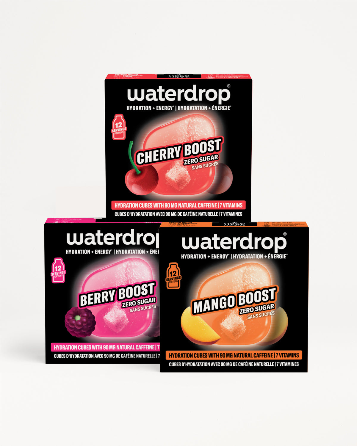 Drei Waterdrop-Hydration-Boxen stapeln sich pyramidal auf weißem Hintergrund.