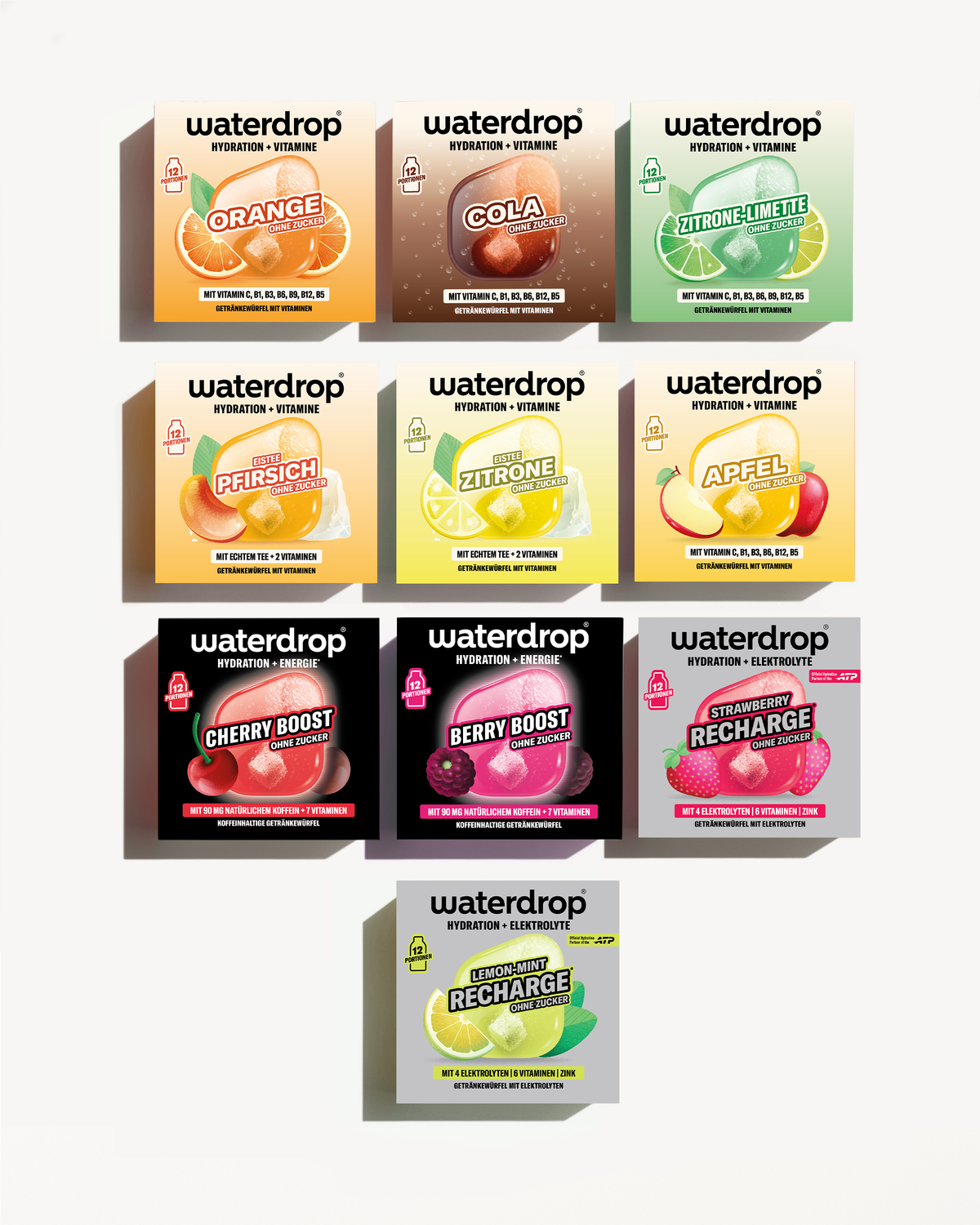 Sortiment Waterdrop-Erfrischungs-Geschmacks-Sachets, in einer Rasteranordnung präsentiert.