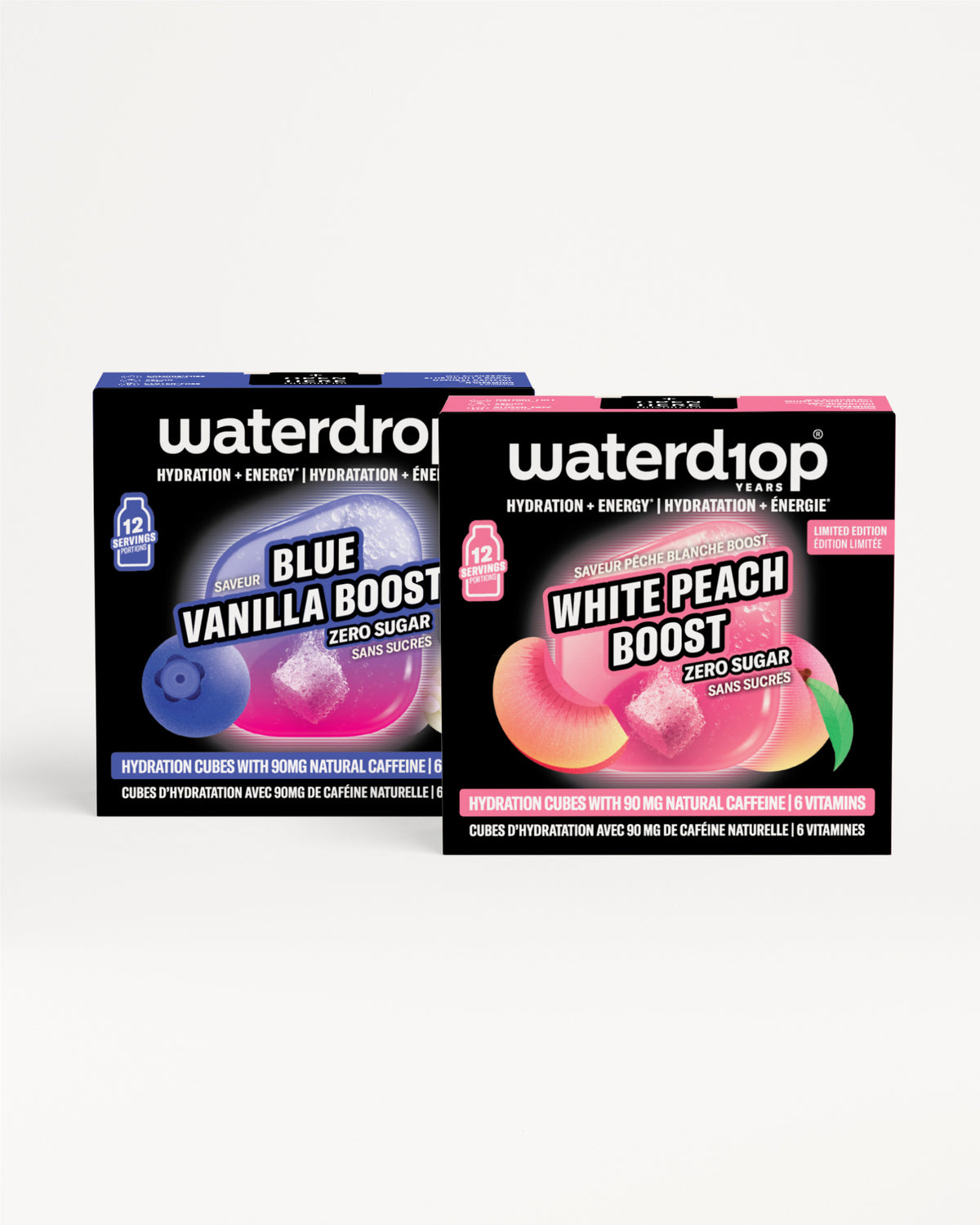 Zwei Waterdrop-Hydration-Boxes nebeneinander auf weißem Hintergrund, eine blau, die andere rosa thematisiert.