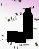 Silhouette einer Flasche und einer Box vor einem rosa-weißen Verlauf mit Konfetti.