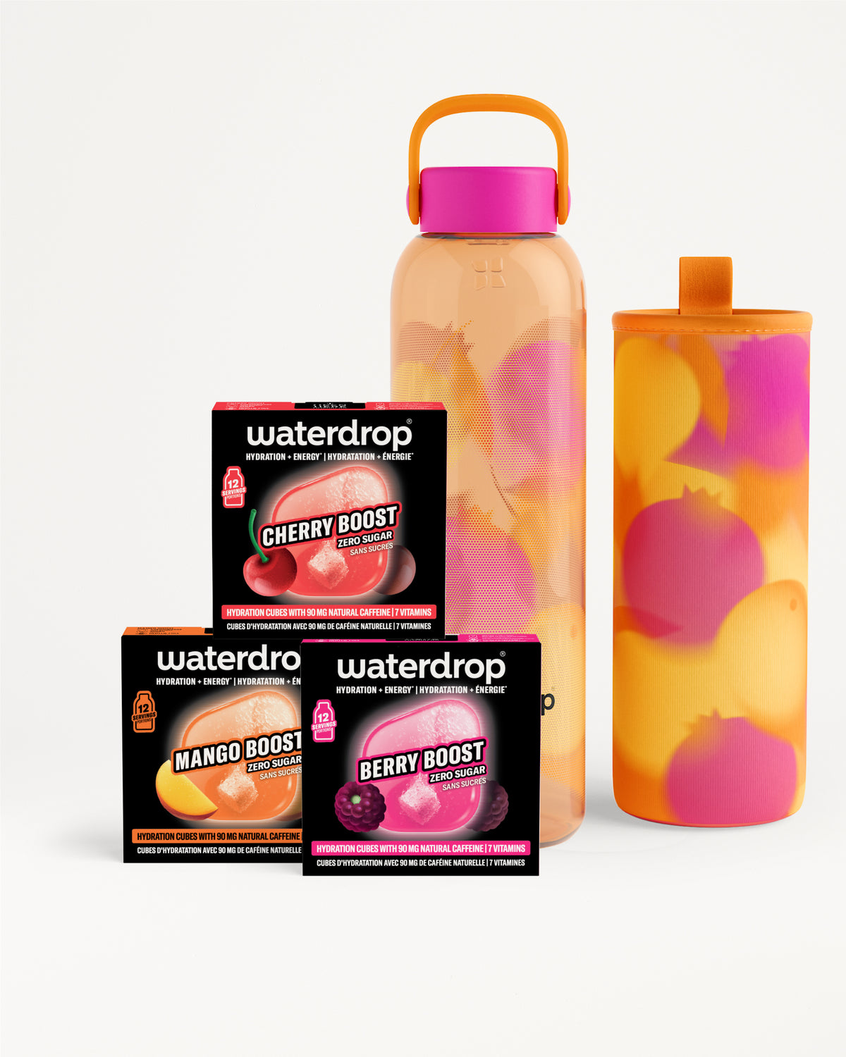 Bunte wiederverwendbare Wasserflaschen mit mehreren Flavor-Booster-Paketen.