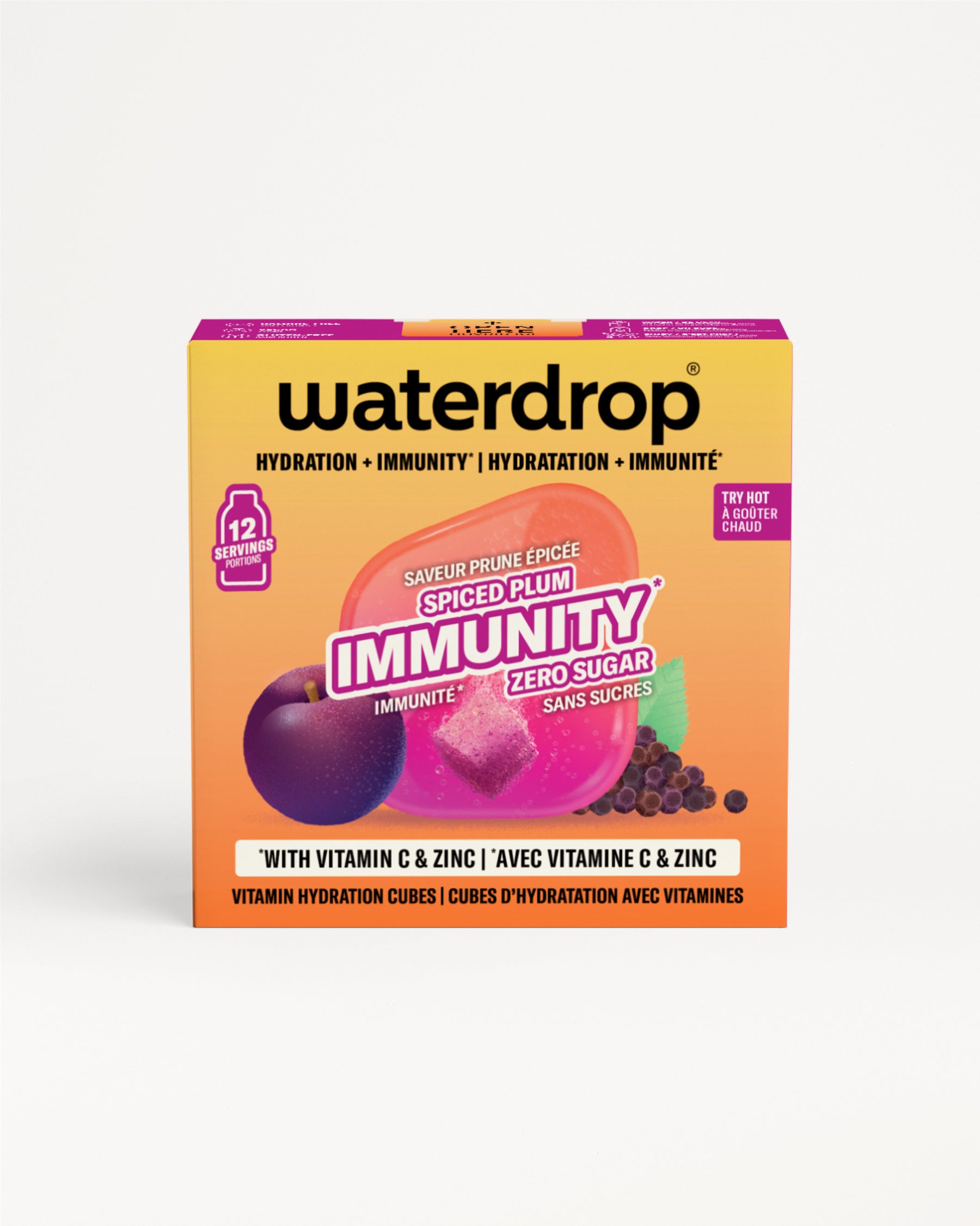 Gelb-lila Waterdrop-Immunitäts-Vitaminwürfel-Box vor weißem Hintergrund.