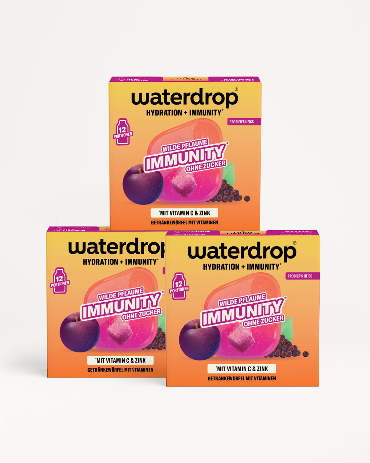 Drei Waterdrop-Boxen für Hydration und Immunität gestapelt vor weißem Hintergrund.
