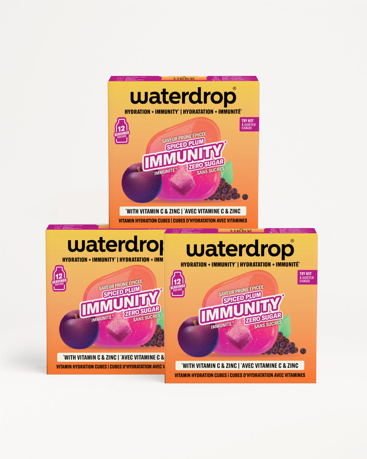 Drei Waterdrop-Verpackungen stapeln sich in einer dreieckigen Anordnung.