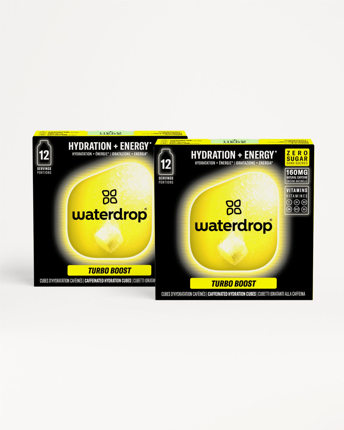 Zwei schwarz-gelbe Boxen mit Hydration-Energy-Würfeln nebeneinander.