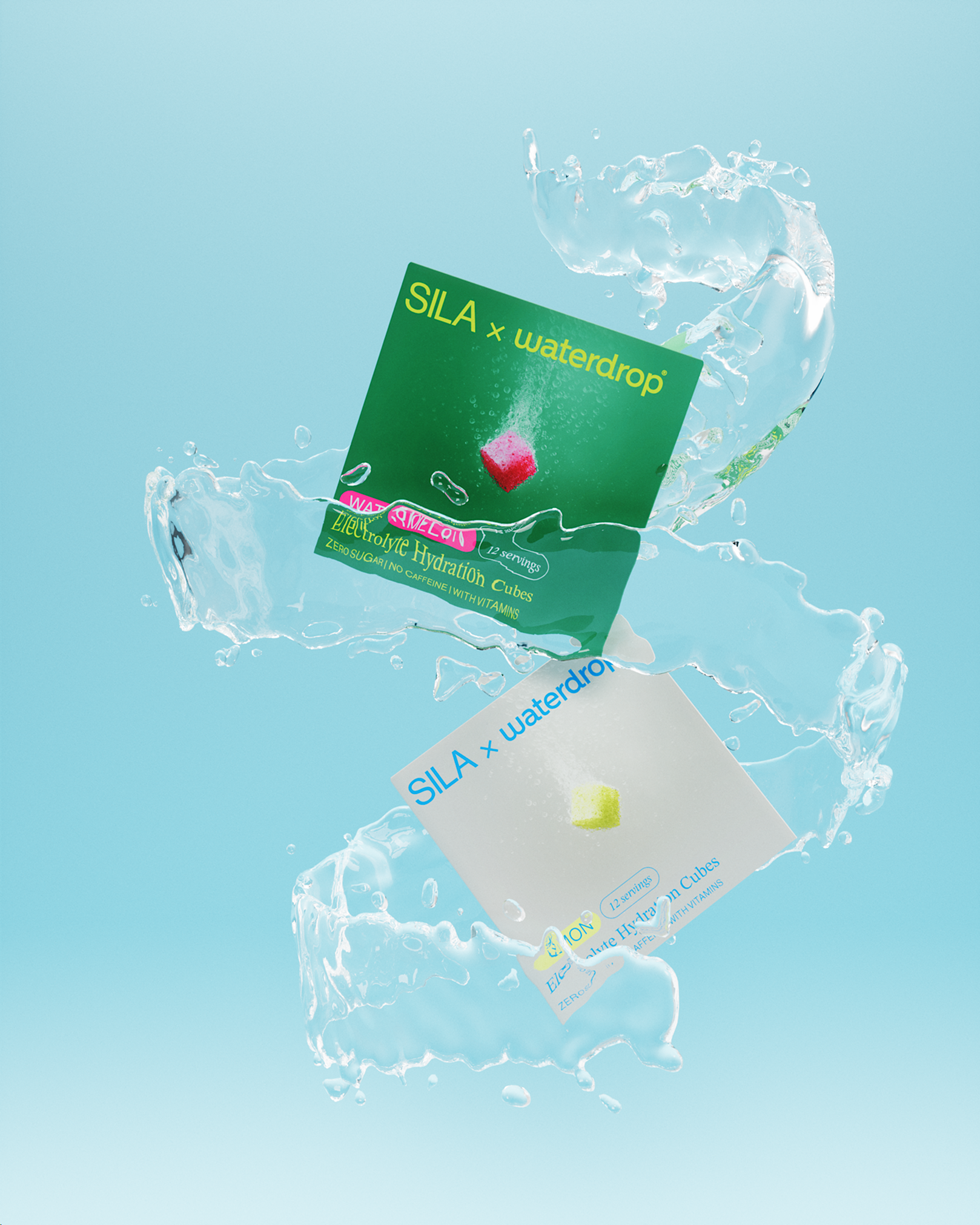 SILA Lemon Elektrolyt-Würfel schweben in spiralförmigem Wasser.