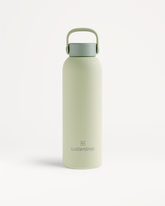 Thermo Steel Bottle · Carry Cap, grün mit Wasserflaschen-Logo.