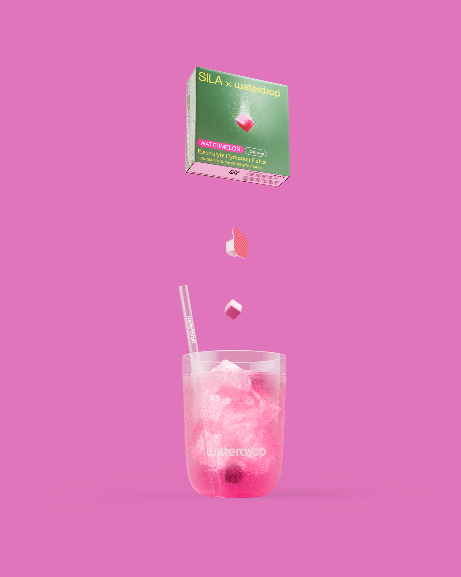 SILA Watermelon: Elektrolytwürfel und Getränk im Glas.